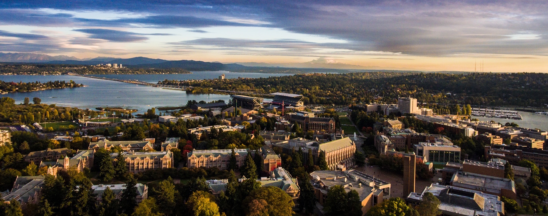 Aerial photograph of the UW campus with Lake Washington in the background